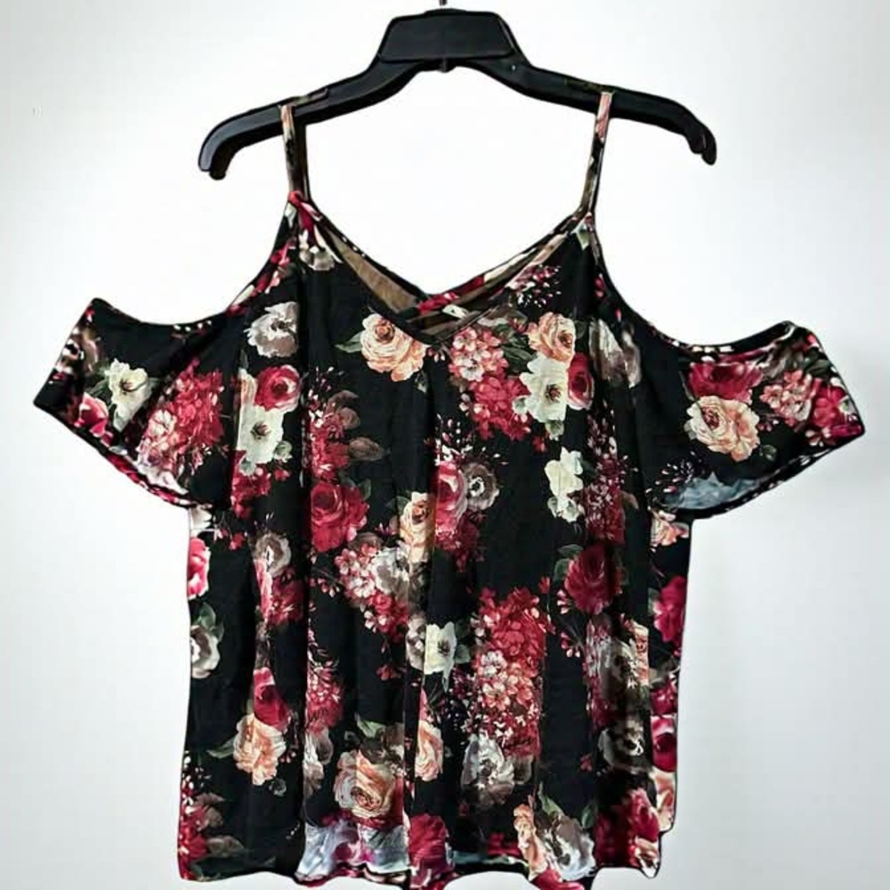 Floral Cold Shoulder Top - Black and Red